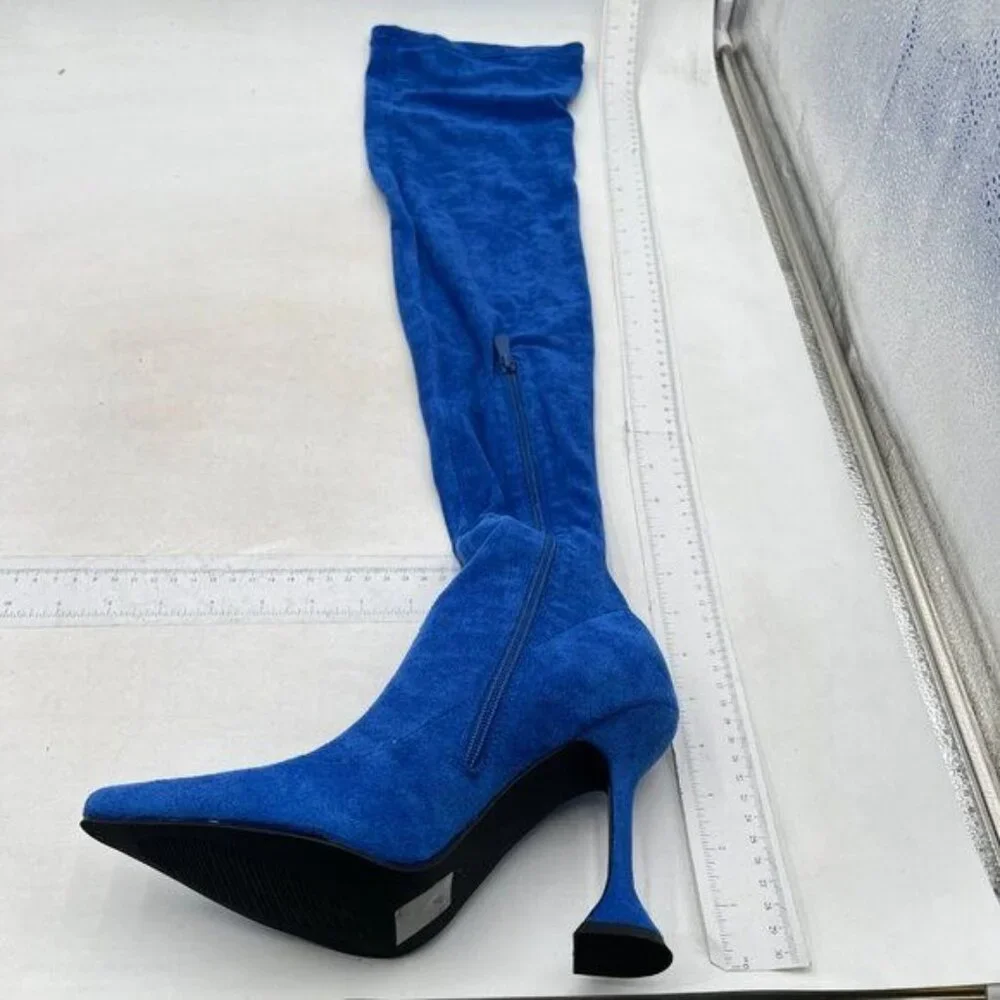 YDN Women Pointed Toe Over The Knee Boots ,Block High Heel Thigh High Boots Blue